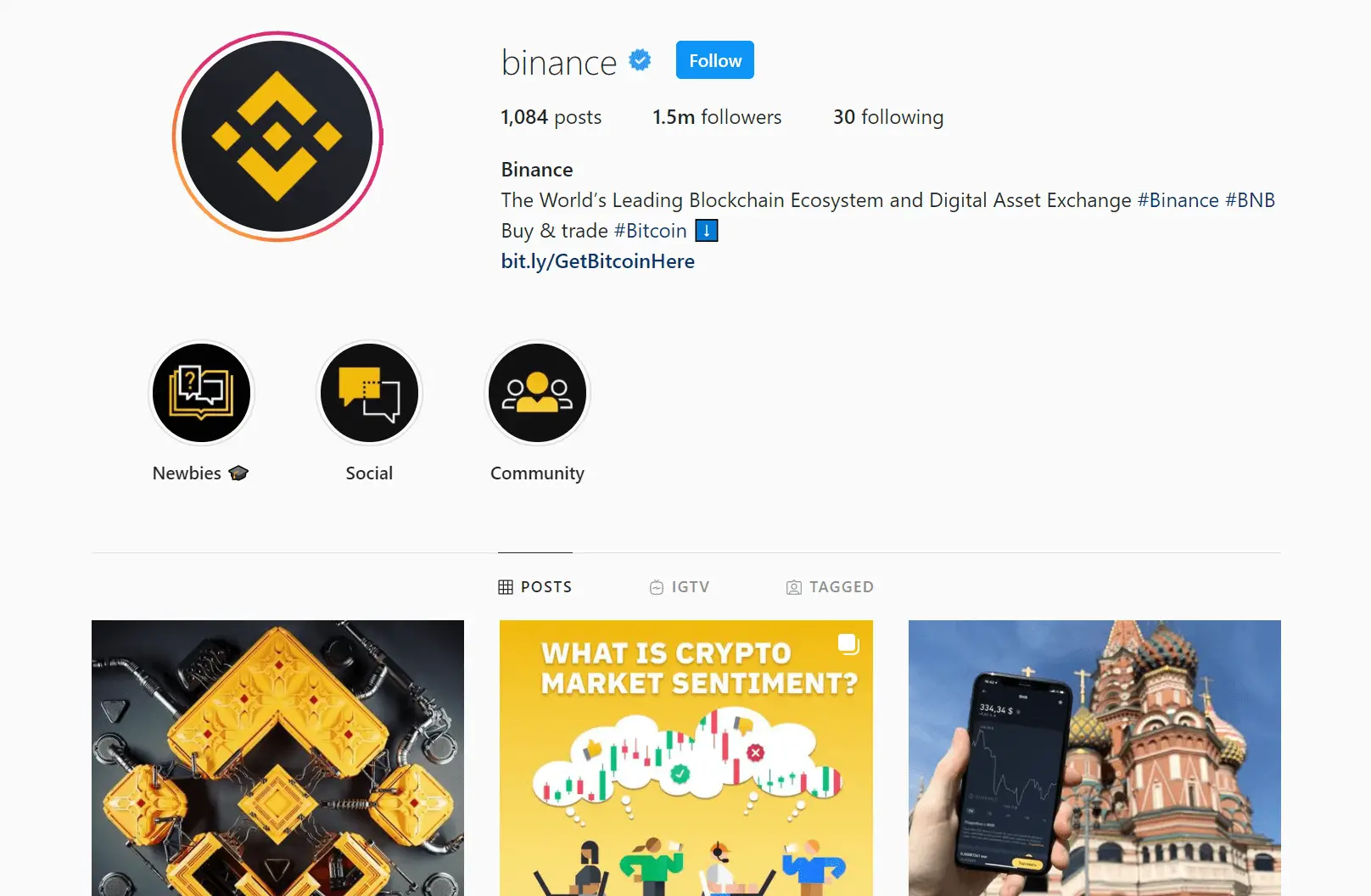 Binance Instagram profile