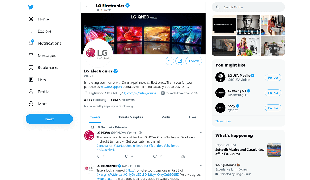 LG Twitter profile