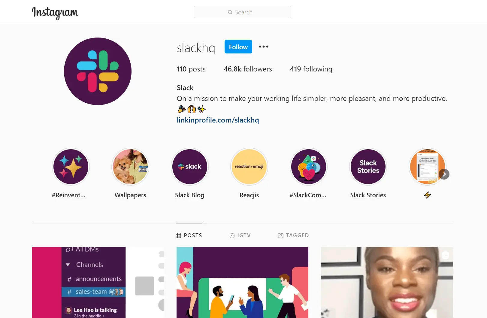 Slack Instagram Profile