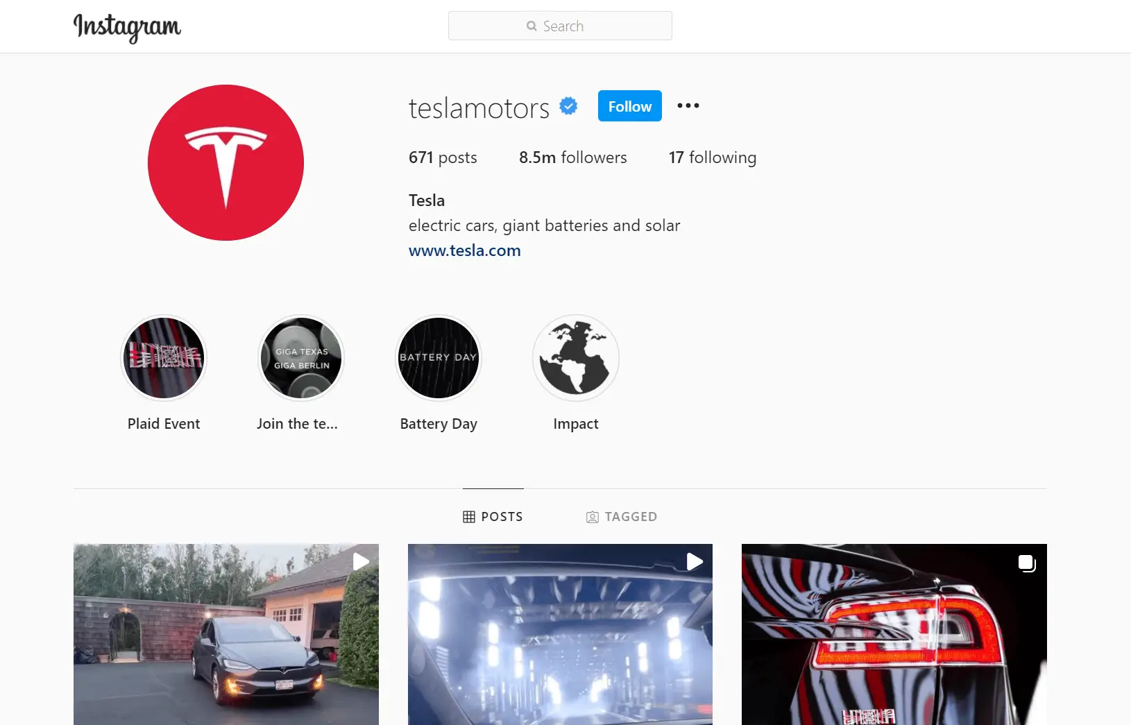 Tesla Instagram Profile